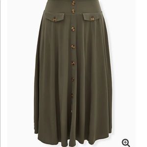 OLIVE GREEN CHALLIS HIGH WAIST BUTTON MIDI SKIRT